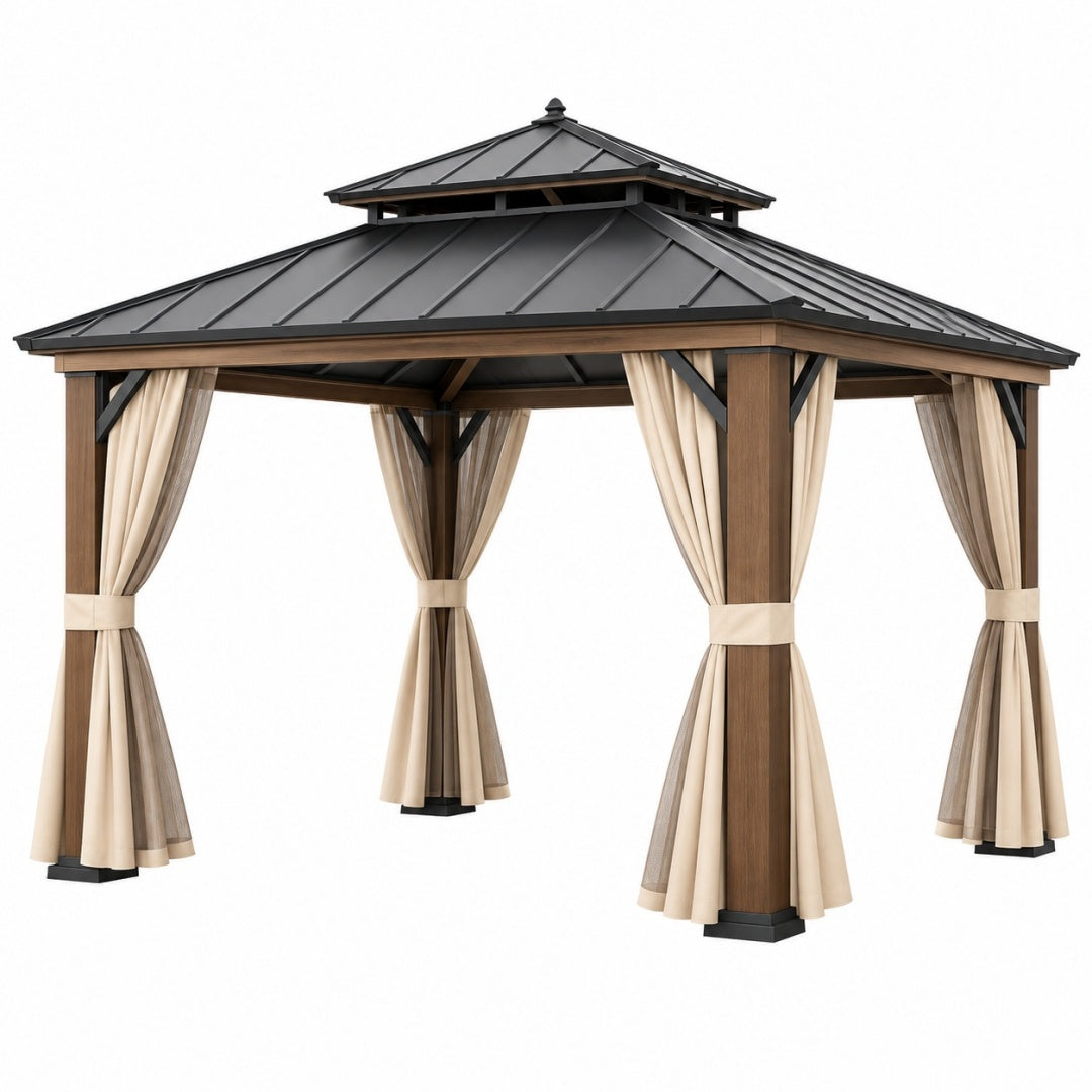 Altana ogrodowa 300 x 300 x 290 cm z metalowym dachem brązowo beżowa klasyczna z zasłonami