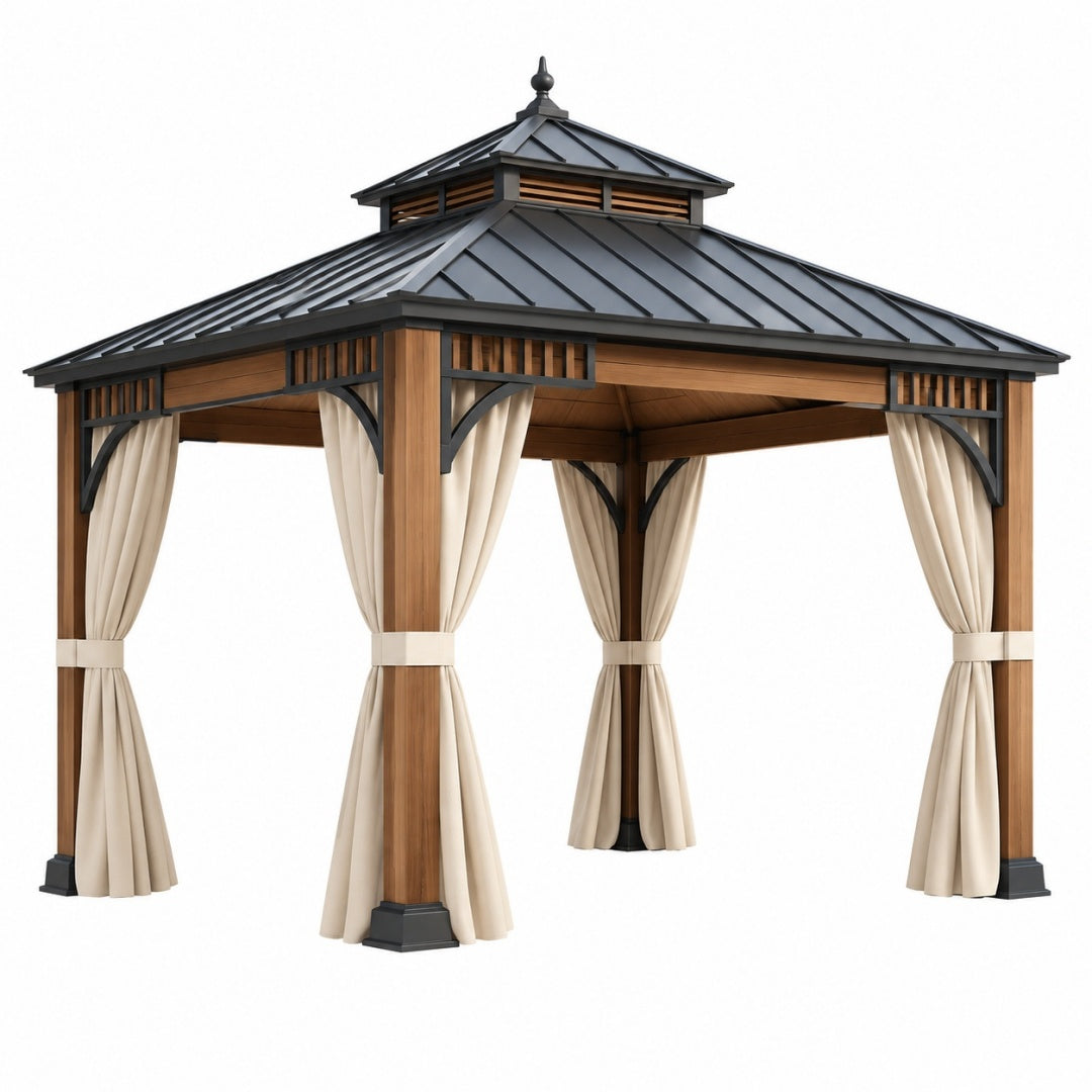 Altana ogrodowa 300 x 300 x 320 cm drewniana brązowa z metalowym dachem i zasłonami