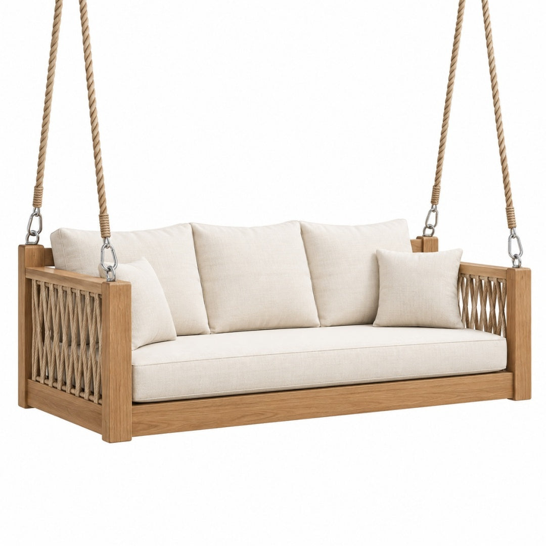 Huśtawka ogrodowa 180 x 75 x 65 cm z drewna naturalna - wisząca trzyosobowa