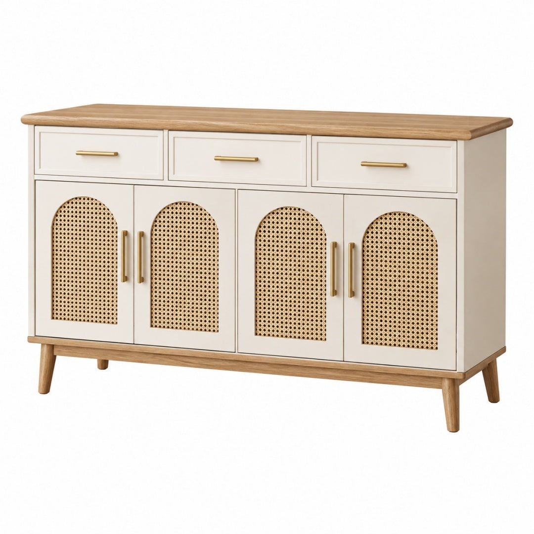 Komoda 160 x 40 x 85 cm kremowa z drewnianym blatem i rattanowymi frontami do salonu