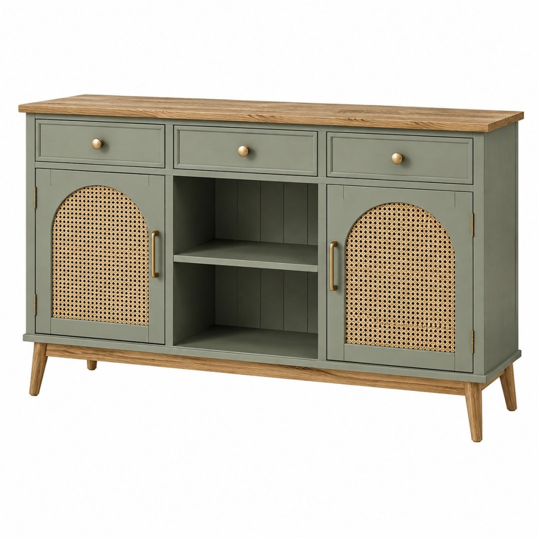 Komoda 160 x 40 x 85 cm zielona z drewnianym blatem i rattanem do salonu w stylu vintage