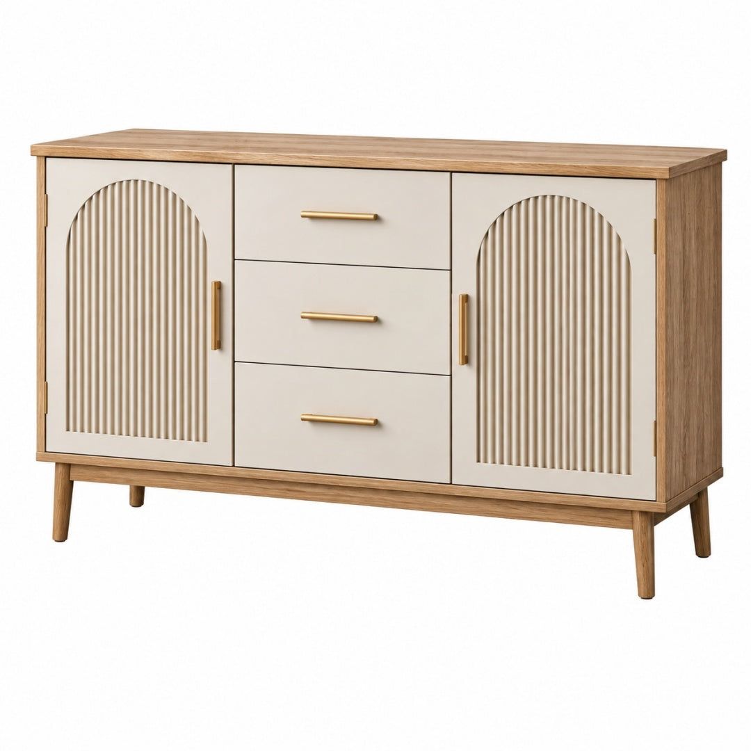 Komoda 160 x 40 x 85 cm z drewna i płyty MDF beżowa w stylu retro z szufladami