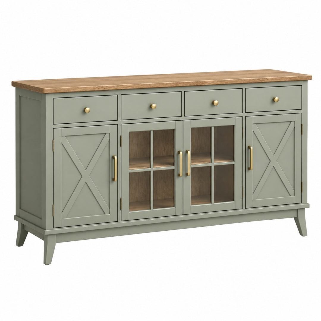 Komoda 160 x 45 x 90 cm zielona drewniana ze szklanymi drzwiczkami w stylu rustykalnym