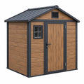 Domek ogrodowy 213 x 191 x 204 cm z panelami w dekorze drewna brązowy antracytowy z metalowym dachem
