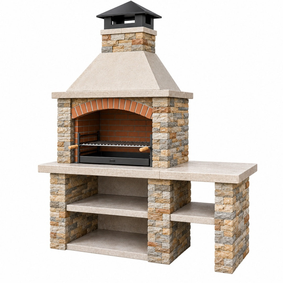 Grill ogrodowy murowany 180 x 70 x 250 cm kamienno-ceramiczny beżowy z rusztem
