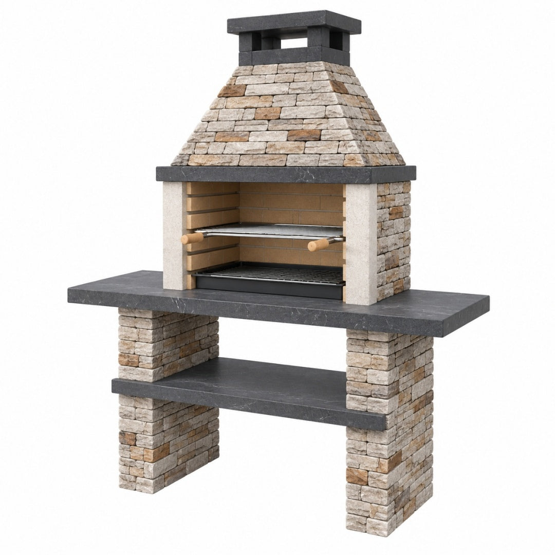 Grill ogrodowy kamienny 110 x 70 x 210 cm beżowo-czarny z rusztami